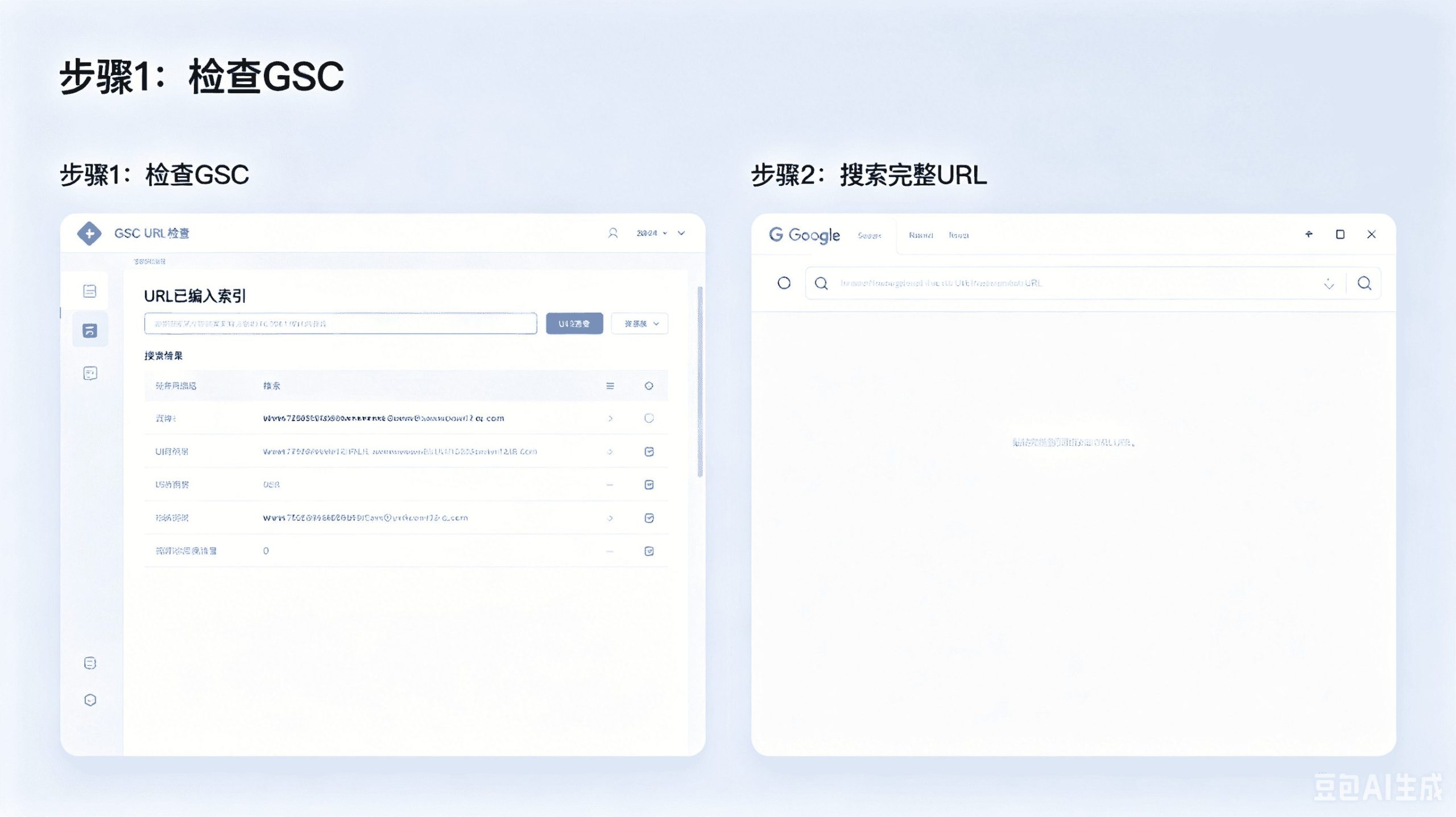 GSC 链接检查 直接搜 URL 两步收录自检操作示意图